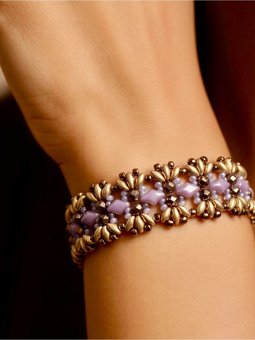 Lavender Beaded Bracelet with Gold Accents - Women's Jewelry